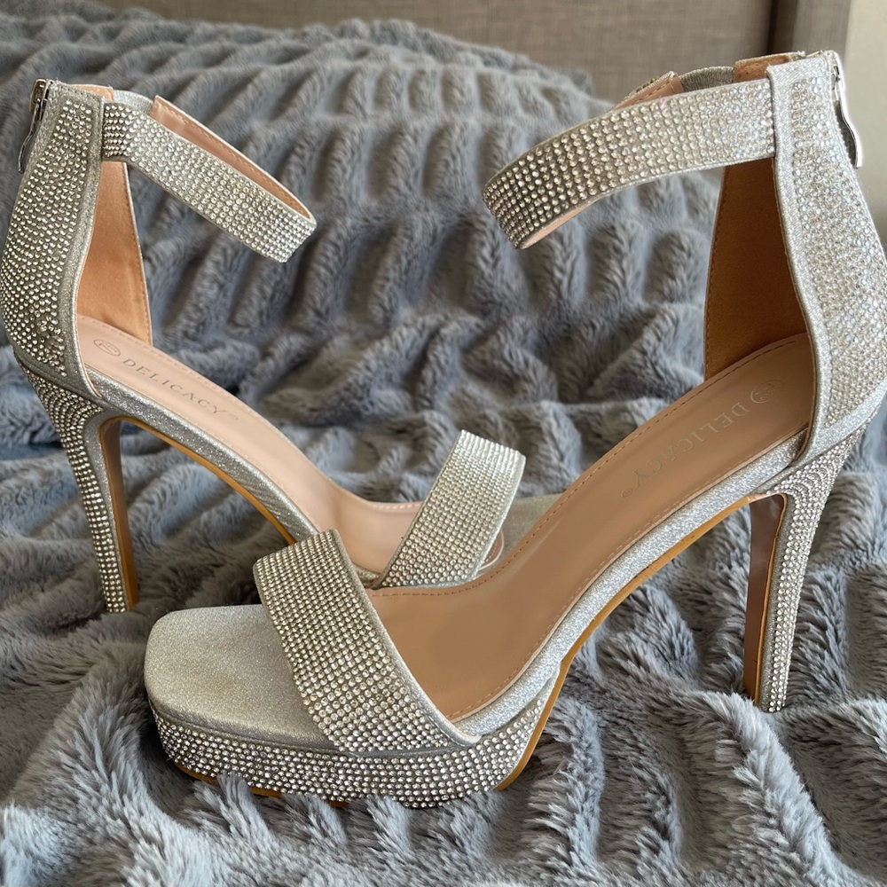 Silver rhinestone heels